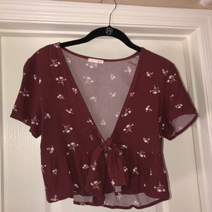 Tie Front Maroon Floral Blouse